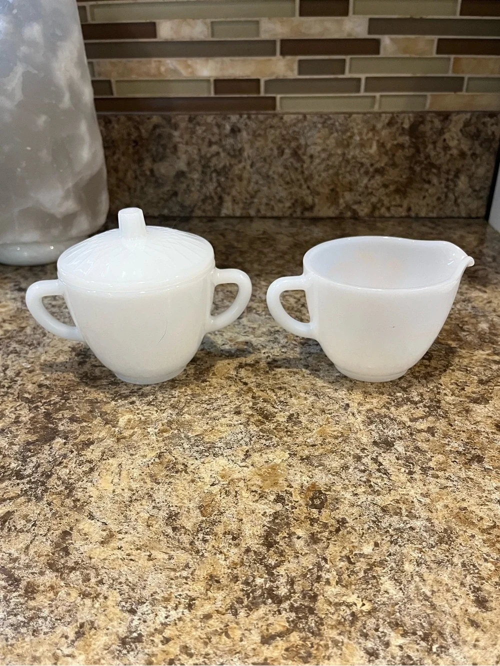 Vintage Federal Glass milk glass creamer & sugar bowl Meadow Gold Wheat pattern.